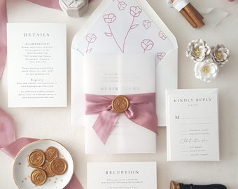 Luxury Vellum Wedding Invitation Suite, Silk Ribbon Wedding Invitations, Ribbon and Wax Seal Wedding Invitations, Mauve Invitation - Deposit