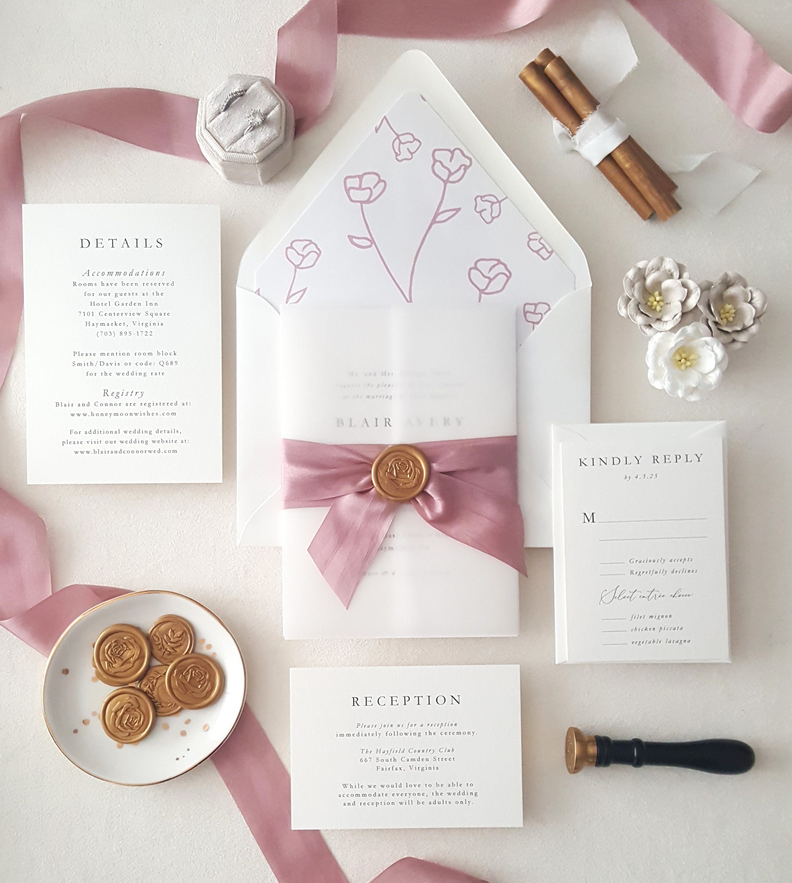 luxury rose gold foil floral vellum jacket wedding invitation with wax seal  SWPI103