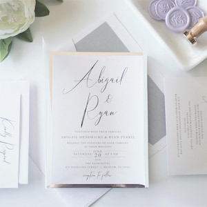 Printed Lavender Purple and Silver Wedding Invitation Suite, Vellum Lilac Invites with Gray Envelope Liner Ribbon Wax Seal Wrap- Sample