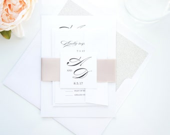 Champagne Wedding Invitation Suite, Beige Neutral Ribbon Calligraphy Wedding Invitations, Elegant Script - SAMPLE SET