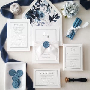 Dusty Blue Wedding Invitations, Custom Monogram Invitation Suite, Luxury Silk Ribbon and Wax Stamp, Watercolor Boho Envelope Liners - Sample