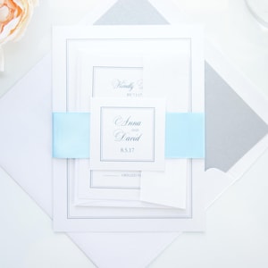 Custom Printed Light Blue and Silver Gray Wedding Invitations, Timeless Invitation Suite, Elegant Classic Ribbon Invite - SAMPLE SET