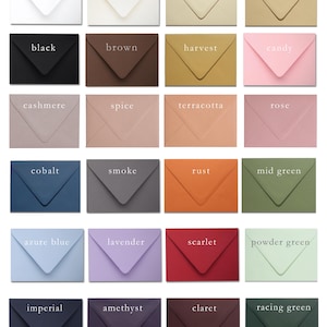 A collection of colorful envelopes in various shades, including bright white, black, brown, and rose. Each envelope has a pointed flap and is labeled with its color name in white text. The envelopes are arranged in rows and columns.