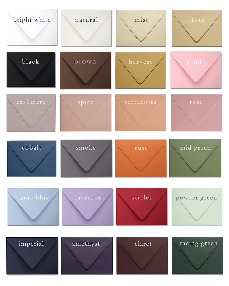 A collection of colorful envelopes in various shades, including bright white, black, brown, and rose. Each envelope has a pointed flap and is labeled with its color name in white text. The envelopes are arranged in rows and columns.