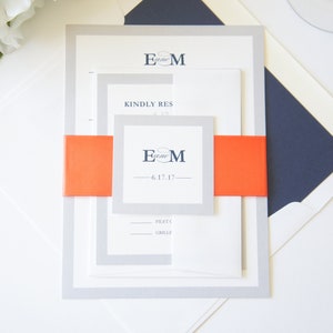 Coral Wedding Invitation, Navy Blue and Orange, Modern Gray Invite Set - SAMPLE SET