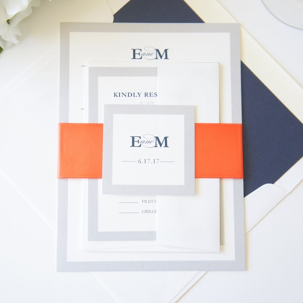 Coral Wedding Invitation, Navy Blue and Orange, Modern Gray Invite Set - SAMPLE SET