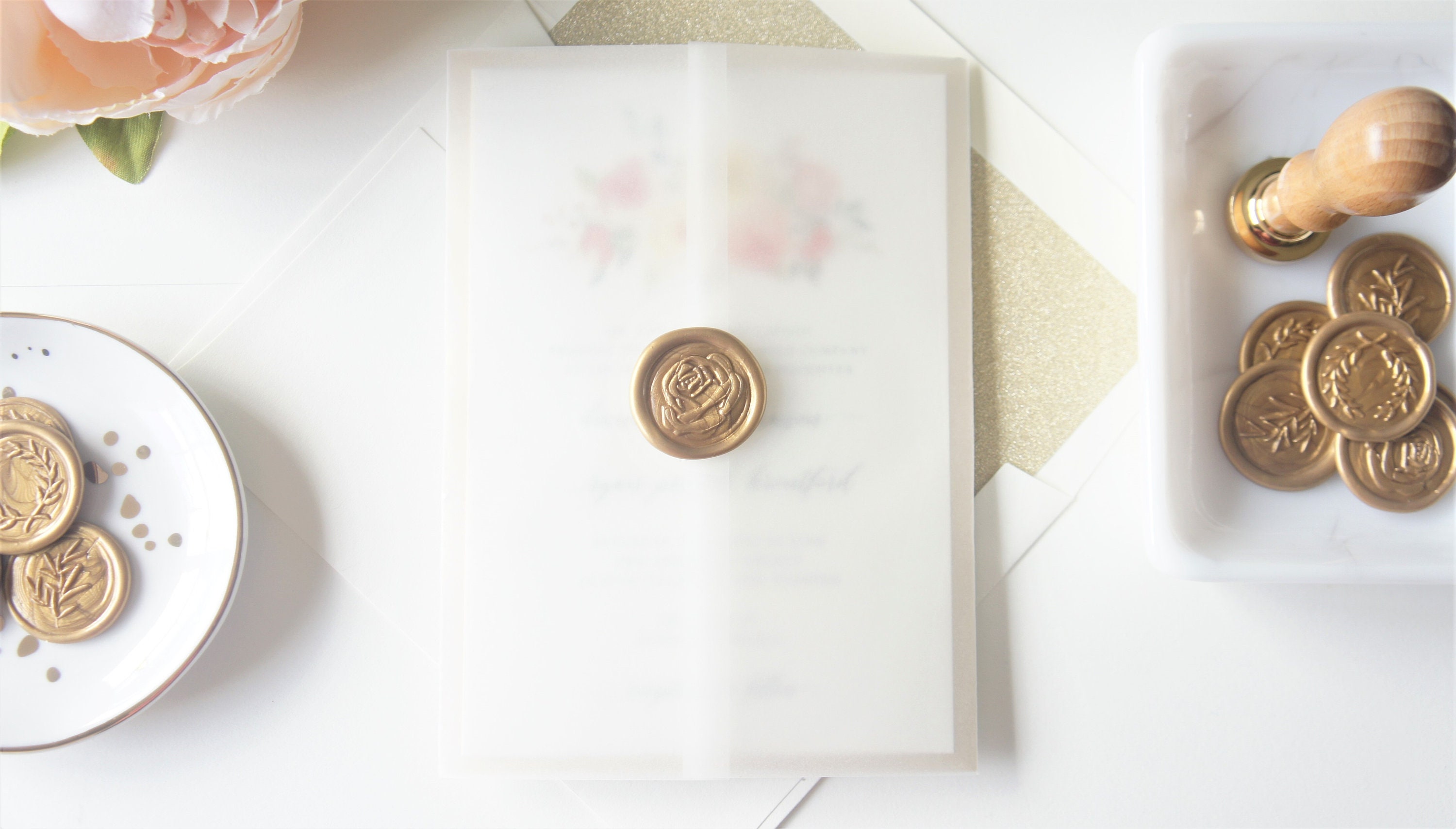 Blush and Gold Floral Vellum and Wax Seal Wedding Invitation | Etsy