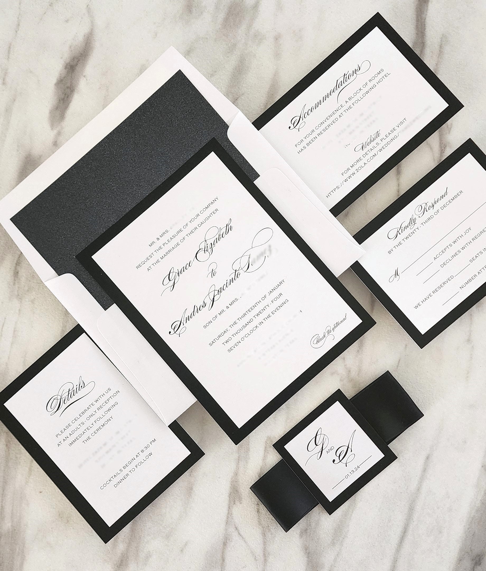Elegant Black White Calligraphy Wedding Invitation Suite, Formal Invite ...
