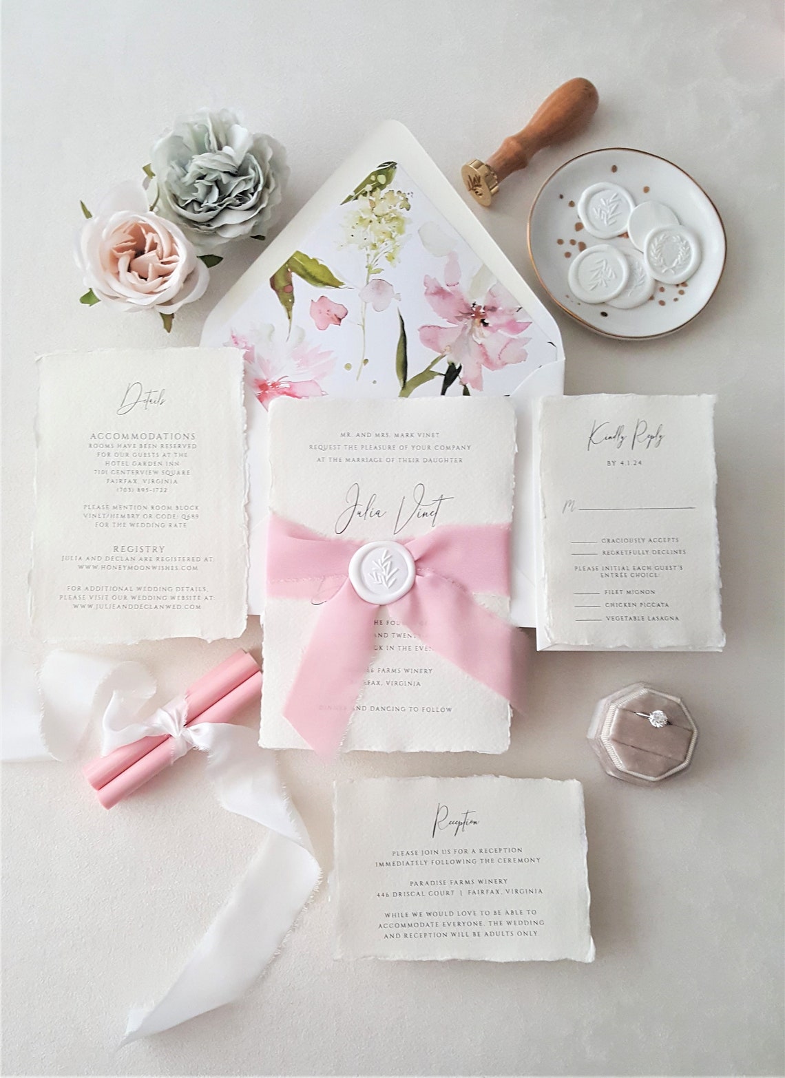 Pink and White Wedding Invitations Blush and Green Invite image 1