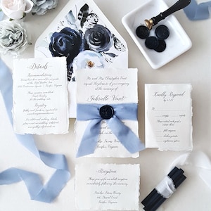 Blue Wedding Invitations, Navy Invitation Suite Modern Calligraphy, Flowing Script, Blue Peony Botanical Boho Deckle Edge RSVP - Deposit
