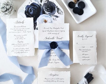 Blue Wedding Invitations, Navy Invitation Suite Modern Calligraphy, Flowing Script, Blue Peony Botanical Boho Deckle Edge RSVP - Deposit