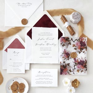 Burgundy Wedding Invitation | Fall Colors Wedding Invite | Velvet Envelope Liners | Watercolor, Flower Printed Vellum Jackets - Deposit