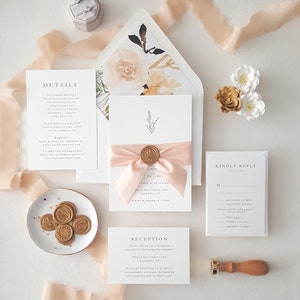 Botanical Monogram Wedding Invitation Suite: Floral Peach & Gold (Sample)