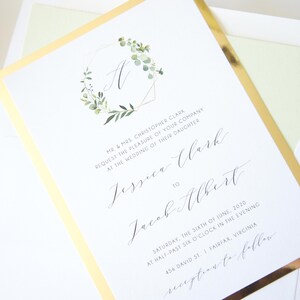 Boho Greenery and Gold Monogram Wedding Invitation, Gold Foil Paper Reflective Paper Eucalyptus Design, Gold Glitter Belly Band Wedding Invites, Bohemian Wedding Invitation Suite, Elegant Formal Classic Invitations