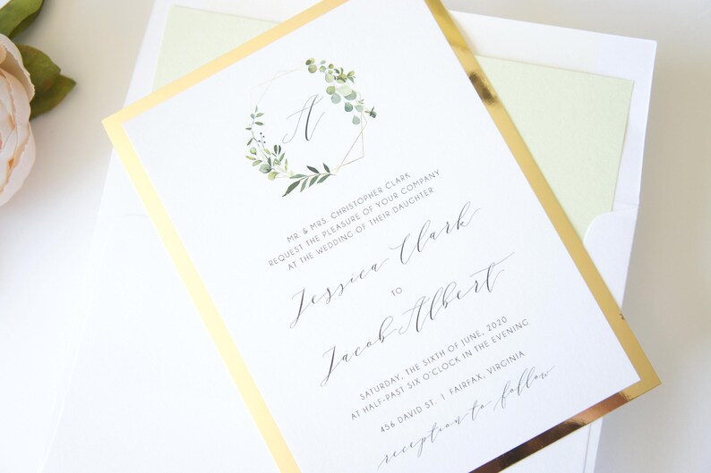 Boho Greenery and Gold Monogram Wedding Invitation, Gold Foil Paper Reflective Paper Eucalyptus Design, Gold Glitter Belly Band Wedding Invites, Bohemian Wedding Invitation Suite, Elegant Formal Classic Invitations