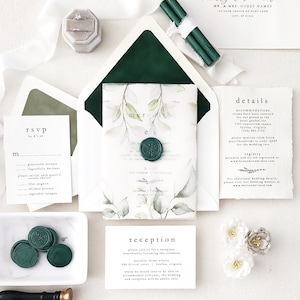 Minimal Greenery Wedding Invitations, Printed Vellum, Leaf Foliage Wedding Invites, Green Wax Seal, Invite Suite torn edges paper  - Sample