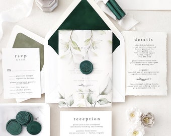 Minimal Greenery Wedding Invitations, Printed Vellum, Leaf Foliage Wedding Invites, Green Wax Seal, Invite Suite torn edges paper  - Sample