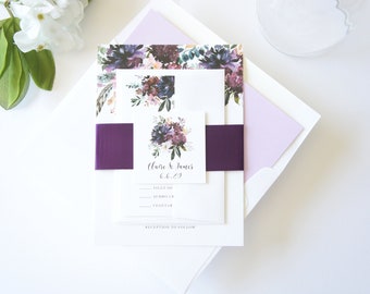 Purple Floral Wedding Invitations, Boho, Bohemian Invitation Set, Watercolor Flowers Plum and Lilac- Sample