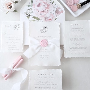 Blush Peony Wedding Invitation Suite, Pink Wedding Invite Set, Silk Ribbon Deckled Edge Invitations, Botanical Boho Invite RSVP -Deposit