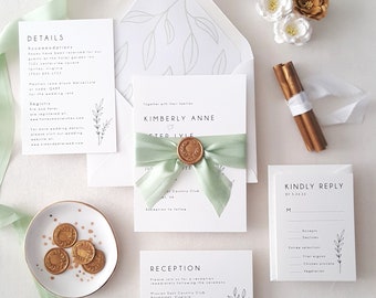 Grünes Blatt Hochzeitseinladungs-Set mit RSVP und Details, grünem Band und goldenem Wachssiegel Invite Suite, Boho-Einladungen - Beispiel