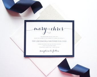 Navy Wedding Invitations, Navy and Silver Wedding Invitation Sets, Silver Glitter Wedding Invitation Suite - Deposit