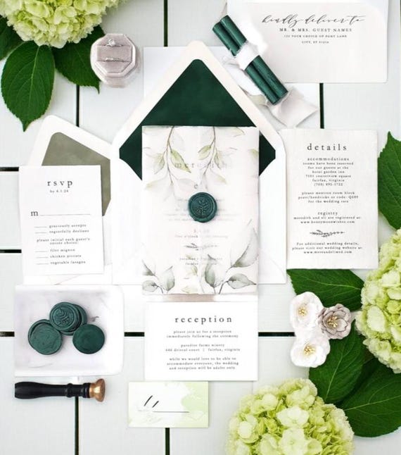 Greenery Wedding Invitation Deposit Custom Deckle Edge Velvet Liner Personalized Invite