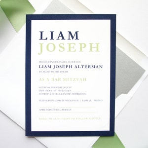 Bar Mitzvah Invitations, Navy and Green Invitations, Bat or Bar Mitzvah Invitation with RSVP and Celebrate Card, Hebrew Letters - SAMPLE SET