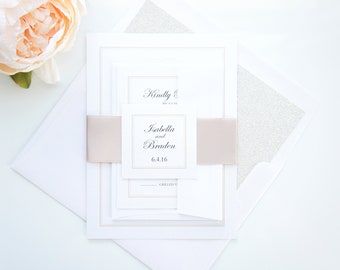 Traditional Champagne Wedding Invitations, Monogram Invite Suite, Elegant Beige Invitation Set with Response and Reception Card- SAMPLE SET