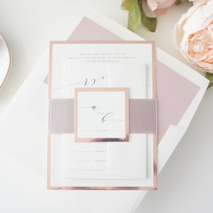 Elegant Rose Gold Wedding Invitations: Modern Calligraphy Suite