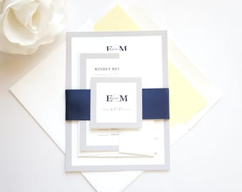 Yellow Wedding Invitations, Modern Wedding Invite Set, Navy Blue Wedding Invitations, Custom Printed Wedding Invitations - Deposit