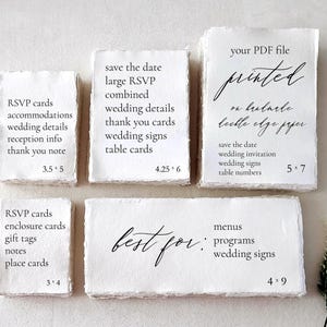 Custom PDF printing service on handmade deckle edge paper, showing 3x4, 3.5x5, 4.25x6, 5x7 and 4x9 sizes for wedding invitations, RSVP cards, details cards, menus, programs and signs.