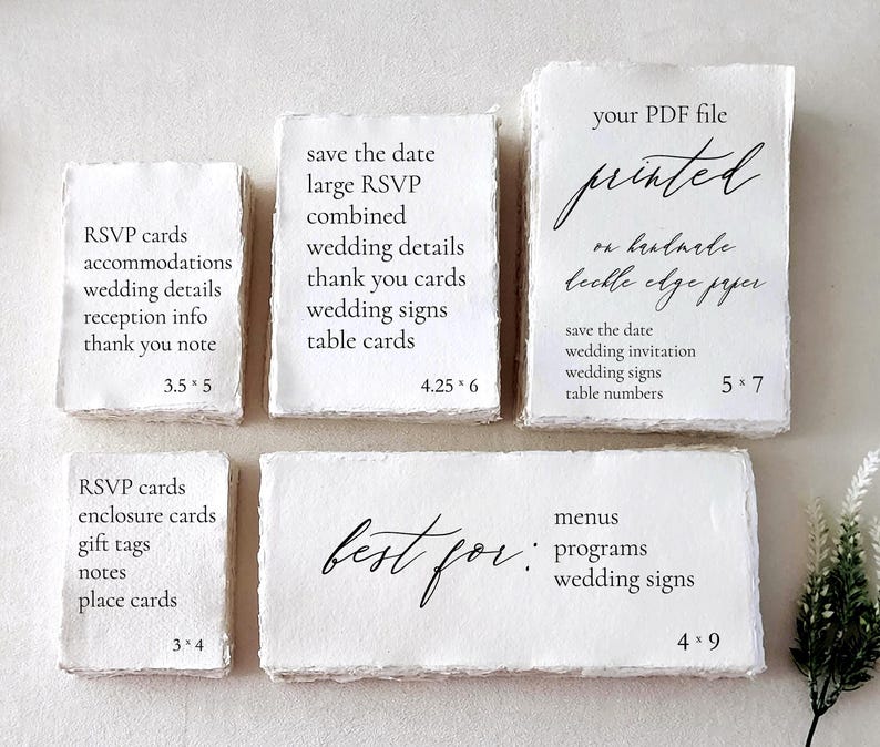 Custom PDF printing service on handmade deckle edge paper, showing 3x4, 3.5x5, 4.25x6, 5x7 and 4x9 sizes for wedding invitations, RSVP cards, details cards, menus, programs and signs.