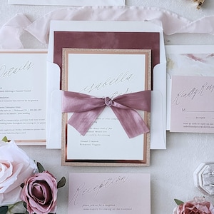Dusty Rose Wedding Invitations, Blush Pink Rose Gold Invitation Suite with Rsvp, Elegant Wedding Invite Cards, Silk Ribbon Tie - Sample