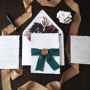 Emerald Green and Gold Wedding Invitation, Moody Bold Colored Wedding Invitations, Burgundy, Green and Gold, Deckle-Edge Paper - Deposit
