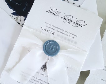 Baby Shower Invitations, Navy and Dusty Blue, Baby Boy Girl Shower Invites, Deckle Edge Paper, Handmade, Silk Ribbon Wax Seal - Deposit