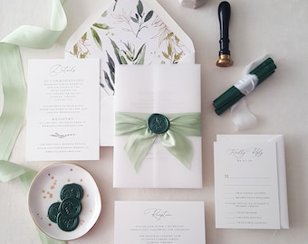 Greenery Wedding Invitation, Botanical Green Wedding Invites, Vellum Invitations, Ribbon Wedding Invitations, Green Wax Seal - Deposit