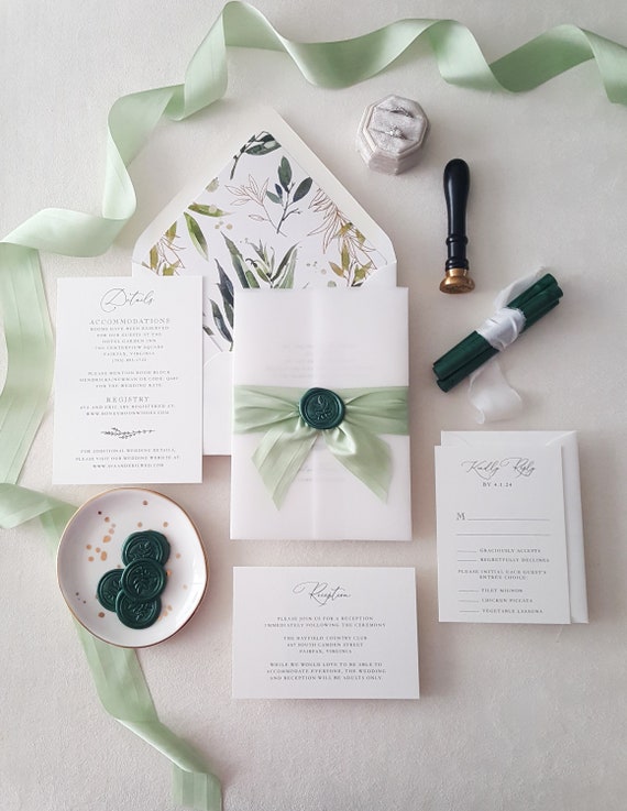 Sage Green Ribbon  Wedding invitations with Sage Ribbon