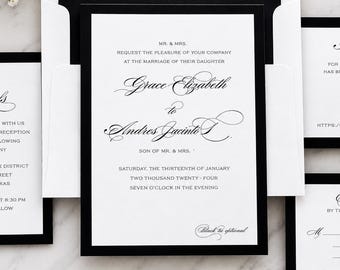 Black and White Wedding Invitation: Formal Calligraphy Suite, Monogram Ribbon Belly Band