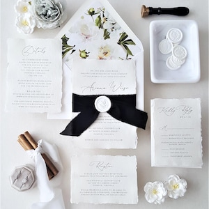 Black and White Wedding Invitations, Deckle Edge Invitation Suite, Handmade Botanical Invitation Package with rsvp - Sample