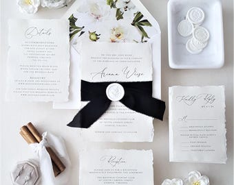 Black and White Wedding Invitations, Deckle Edge Invitation Suite, Handmade Botanical Invitation Package with rsvp - Sample