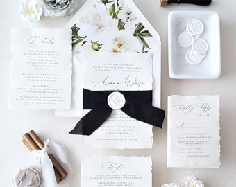 Black and White Wedding Invitation, Deckled Edges, Silk Ribbon Tie, Elegant, Classic Wedding Invite Suite, Wedding Invitations - Deposit