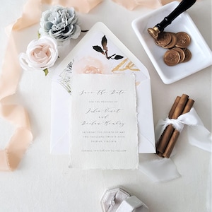 Deckle Edge Save the Date, Pfirsich und Gold Botanische Hochzeitskarten mit Euroflap Umschlägen - DEPOSIT