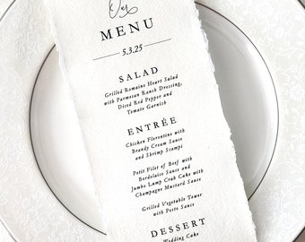 Formal Wedding Menu Cards, Elegant Dinner Menus Printed on Deckled Paper, Handmade Paper Printing