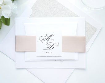 Champagne Wedding Invitations, Beige Wedding Invitation Suite, Taupe, Tan, Classy Invite with Belly Band Ribbon Wrap - SAMPLE SET