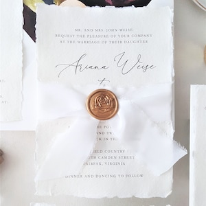 Elegant Gold Wedding Invitation, Silk Ribbon Wax Seal Wedding Invitations, Handmade Paper, Deckled Paper Wedding Invite Deposit image 3