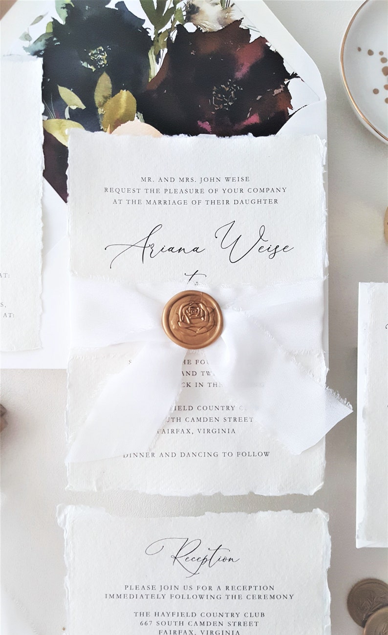 Elegant Gold Wedding Invitation, Silk Ribbon Wax Seal Wedding Invitations, Handmade Paper, Deckled Paper Wedding Invite Deposit image 3