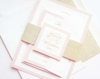 Printed Wedding Invitations Blush and Gold Calligraphy Script Wedding Invitation, Elegant Pink Invite Suite with RSVP and Envelope- Sample