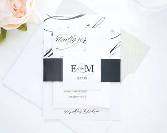 Printed Invitation Cards Elegant Black and White Calligraphy Wedding Invitation Suite - Formal Modern Script Invitations -SAMPLE