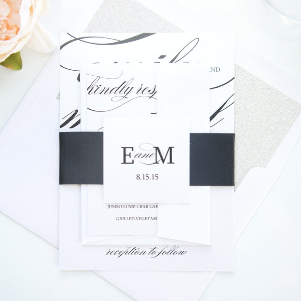 Printed Invitation Cards Elegant Black and White Calligraphy Wedding Invitation Suite - Formal Modern Script Invitations -SAMPLE