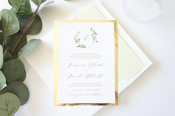 Greenery Wedding Invitations Monogram Wreath Gold Modern Invite Deposit